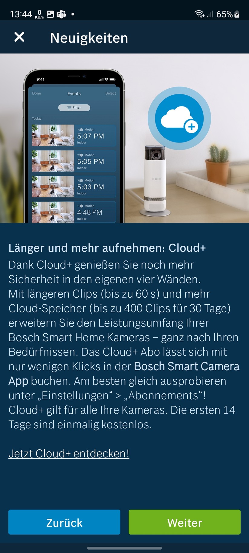 Bosch Eyes Innenkamera II: App, Einrichtung