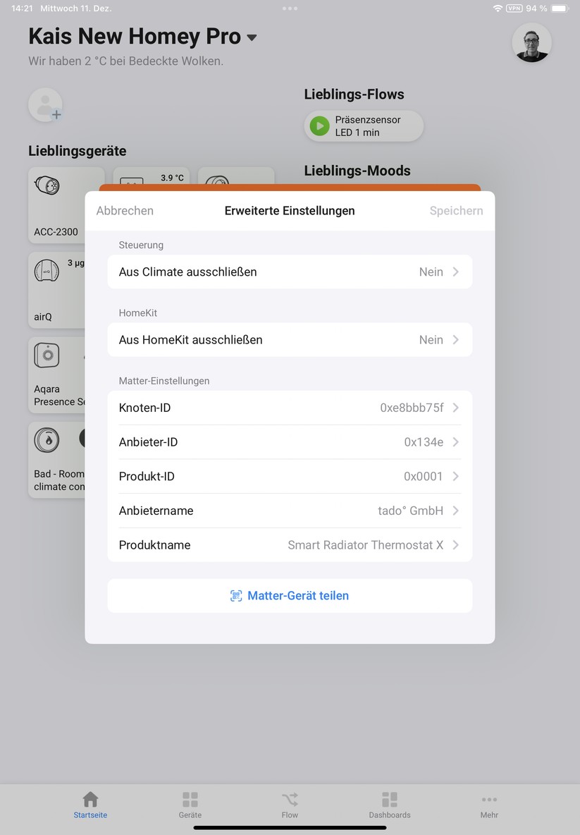  Dank Matter kann man das Heizkörperthermostat auch mit Homey Pro steuern.