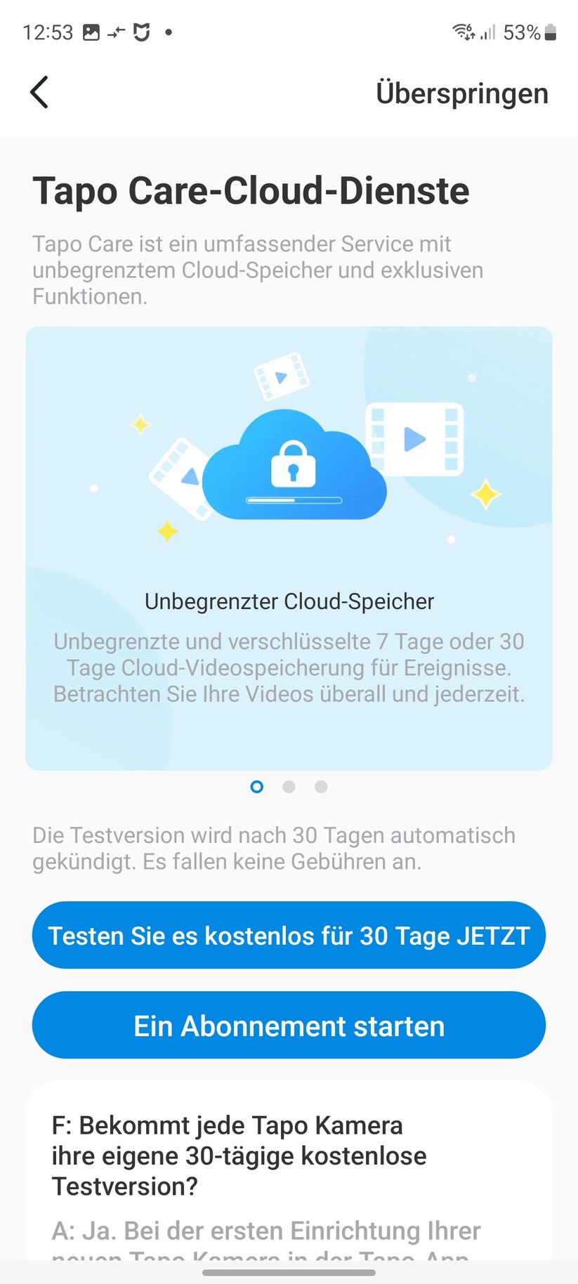 TP-Link C425: Das Set-up der Überwachungskamera erfolgt mit der Tapo-App, für die allerdings ein Konto erforderlich ist. Die App informiert dabei nicht nur die Funktionen der C425, sondern gibt auch Tipps zum Aufstellort.
