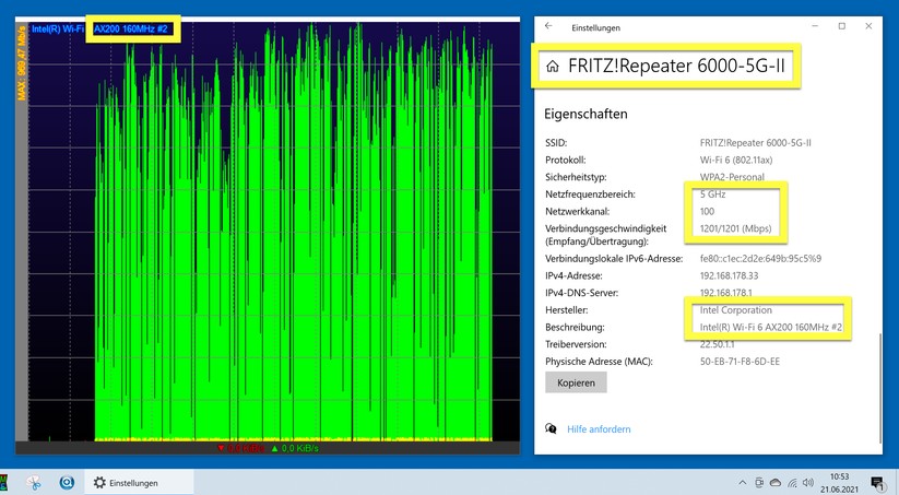 Fritz Repeater 6000 Leistungsmessung: Vom DELL-11ax-WS2-Rechner funken wir zeitgleich  weitere 50 GigaByte via 5G-II mit Peaks bis zu 969 Mbps auf den NAS-Server hinauf (Bild: Harald Karcher).