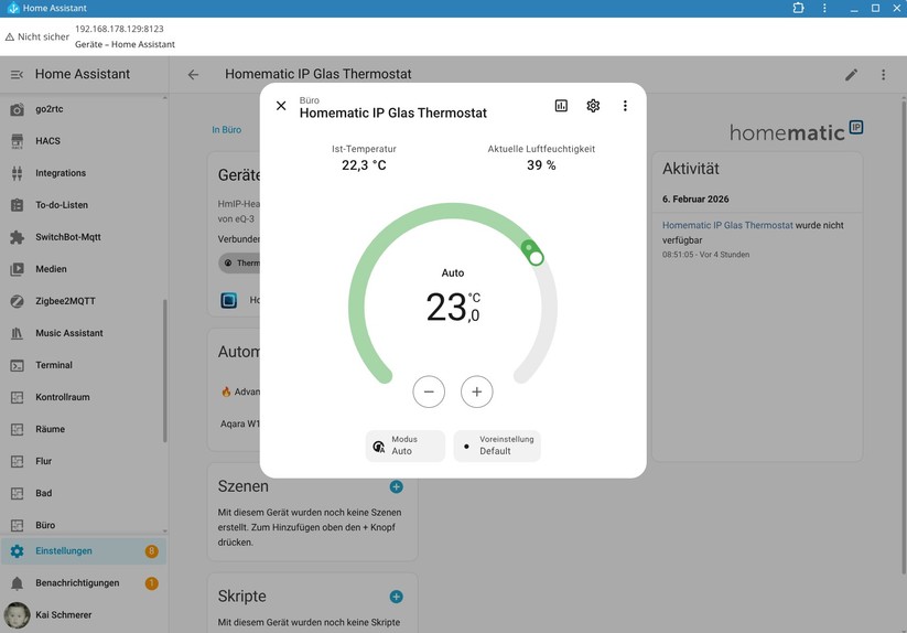 Eine Integration des Homematic IP Glas-Wandthermostats in Home Assistant ist möglich, bietet allerdings nicht sehr viele Funktionen, sodass manuelle Anpassungen nötig sind. Dank KI-Tools hält sich der Aufwand dafür allerdings in Grenzen.