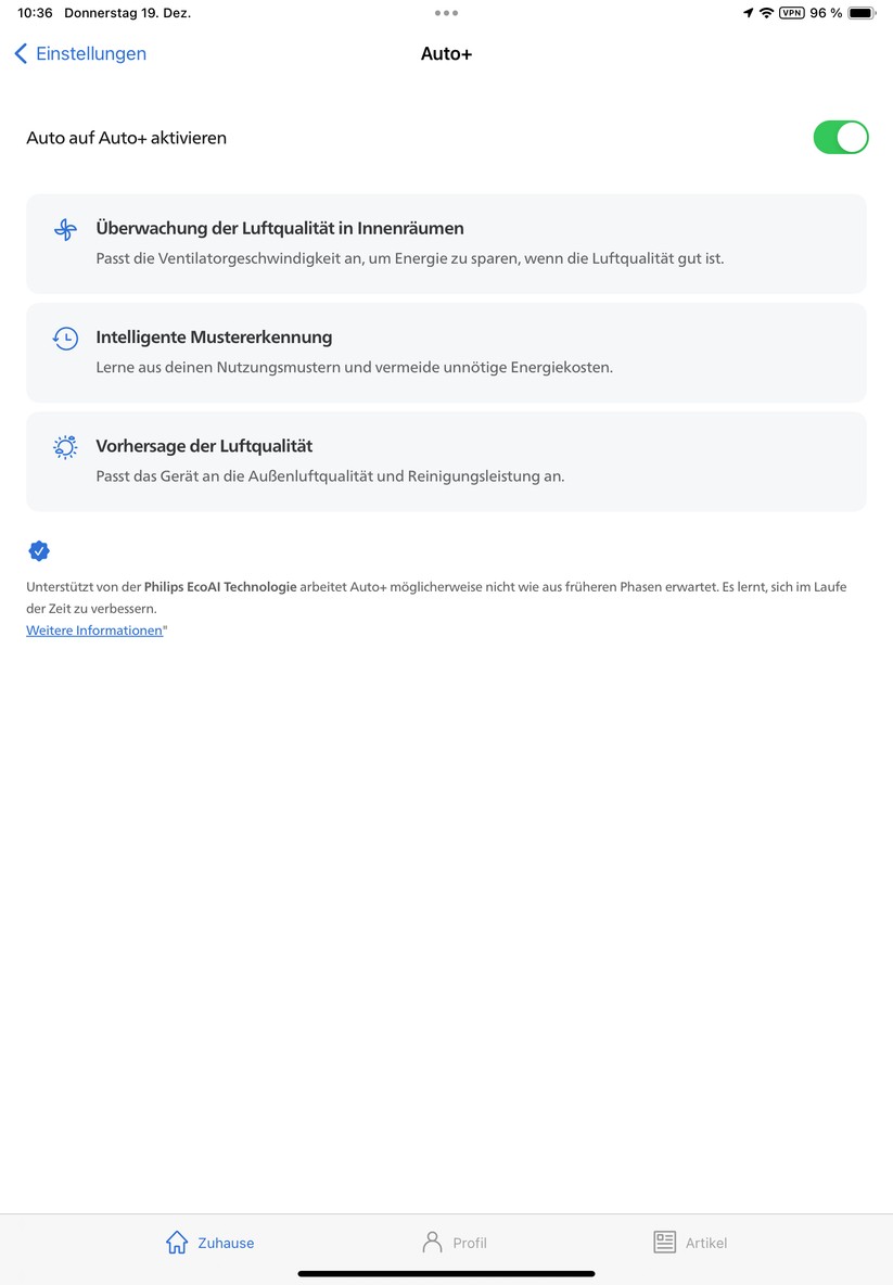 Mit der App Air+ können Anwender den Philips-Lufteiniger nicht nur einfach steuern und Zeitpläne anlegen. Sie bietet auch Informationen zur Funktionsweise des Geräts und zur Luftqualität. Außerdem integriert sie das Benutzerhandbuch und erläutert die Vorgehensweise für Reinigung und Austausch der Filter. 