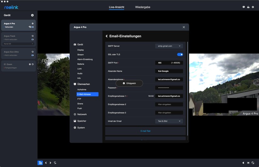 Argus 4 Pro: Reolink bietet auch eine leistungsfähige Desktop-App, mit der man etwa einen FTP-Upload und auch eine E-Mail-Benachrichtigung konfigurieren kann. 