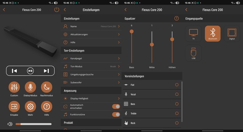 Die Klipsch Connect Plus-App verbindet sich per Bluetooth mit der Soundbar und ermöglicht Zugriff auf Funktionen wie Klangmodi, Pegel, Dialog-Anhebung sowie einen einfachen Equalizer.