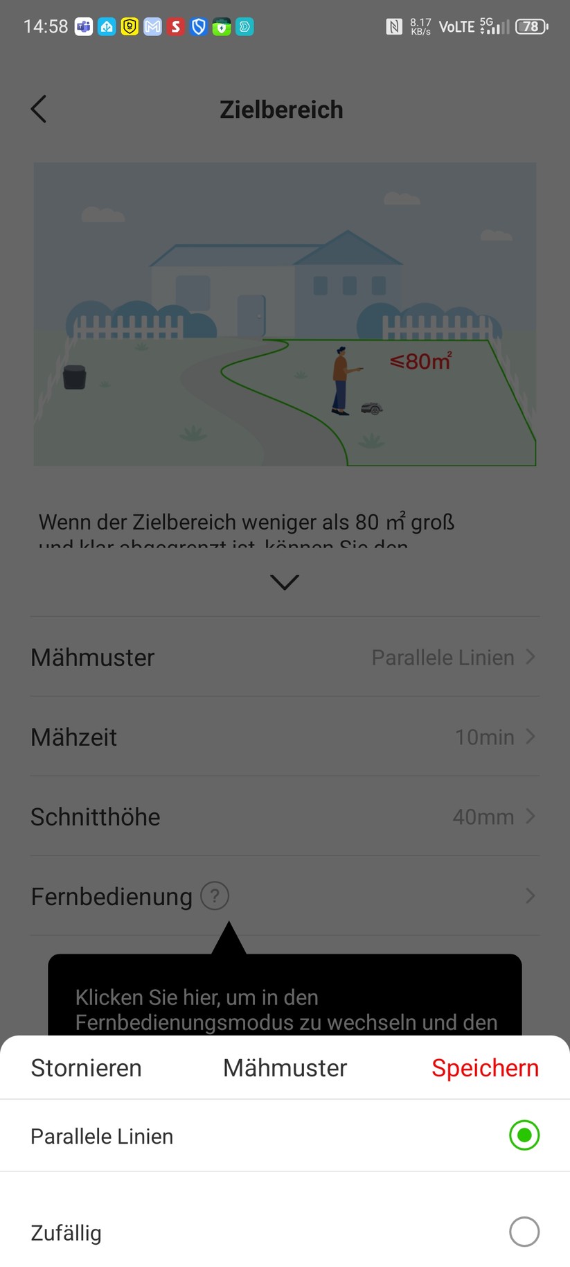 Roboup Raccoon 2 SE: Die Roboup-App liegt auf Deutsch und ist übersichtlich, sodass man den Mähroboter leicht konfigurieren und Zeitpläne erstellen kann.