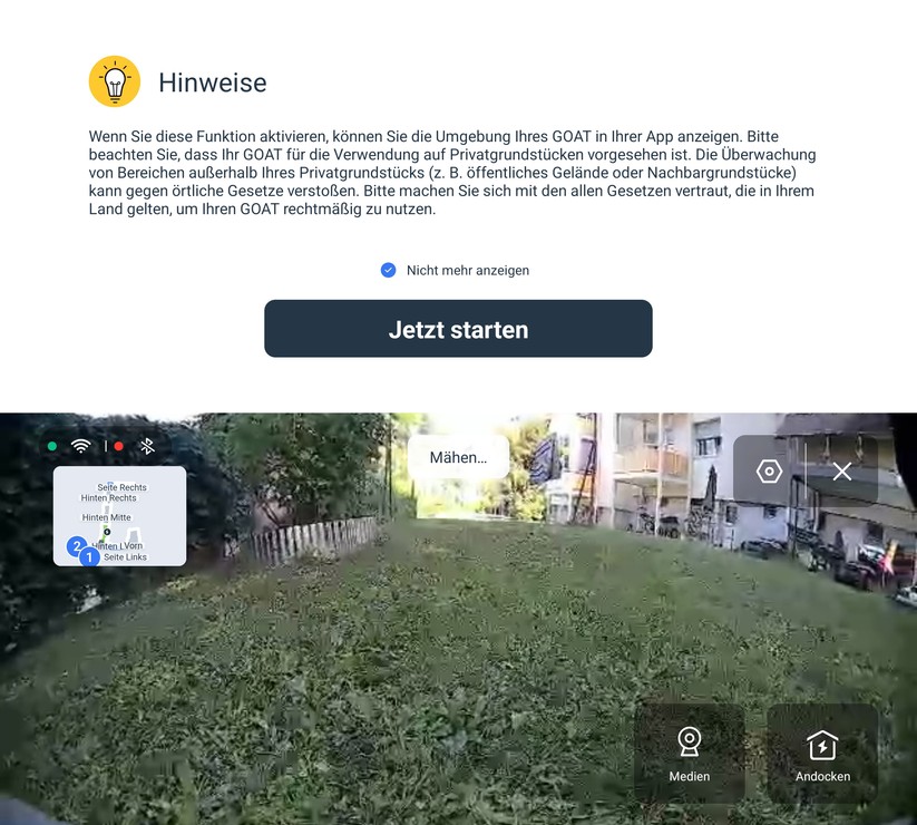 Ecovacs Goat O600 RTK: Fährt der Mähroboter im Empfangsbereich des WLANs, können Nutzer den Livestream der Kamera mit der App abrufen.