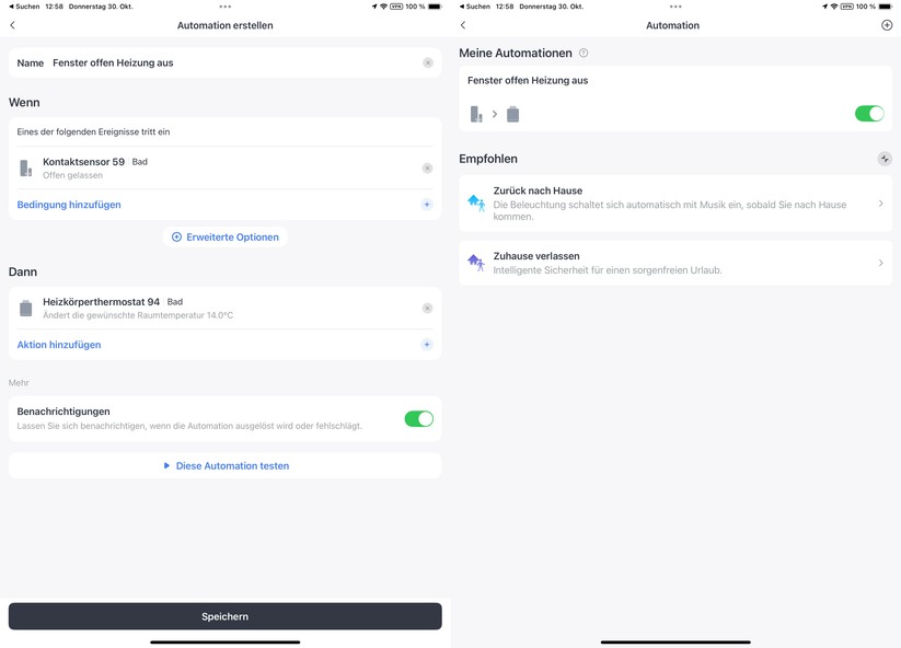 Die Fenster-Offen-Erkennung kann man mit dem Tür-/Fenster-Sensor von Switchbot optimieren. Anders als die im Thermostat integrierte Erkennung, die auf einem starken Temperaturabfall basiert, der unter Umständen sehr lange dauert, erkennt der Sensor sofort ein geöffnetes Fenster. Mit einer Automatisierung lässt sich damit die Heizung sofort ausschalten.