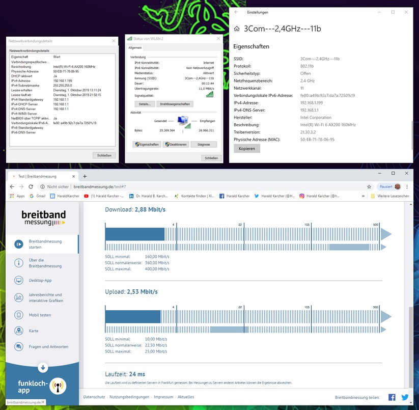 Der uralte 3Com-11b-Router vom April 2002 verbindet sich mit nominal 11 Mbps Brutto mit dem neuen Intel Wifi-6-Modul vom Sommer 2019 im Razer Blade 15. (Bild: Harald Karcher).