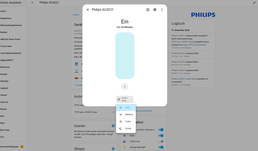 Dank einer Community-Integration lässt sich der Philips-Luftreiniger auch mit Home Assistant steuern und für Automatisierungen nutzen.