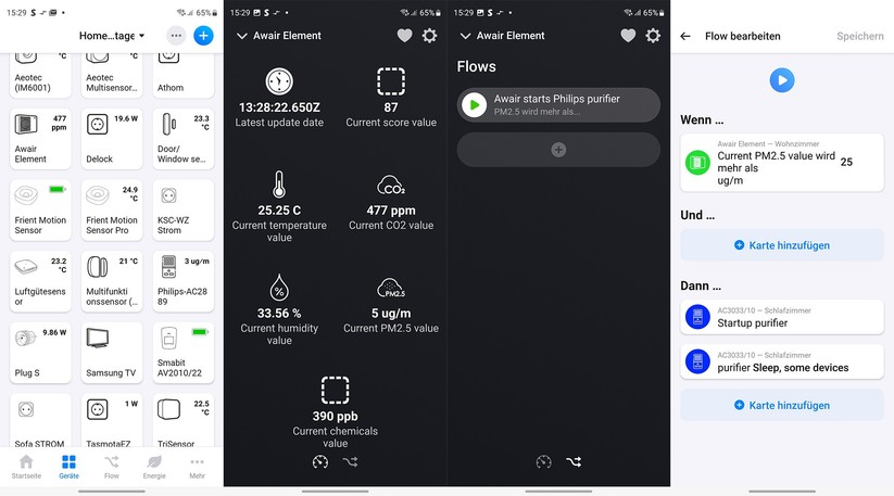 Mit dem Raumluftsensor Awair Element können Anwender einen Luftreiniger wie den Philips AC3033/10 in Verbindung mit einer leistungsfähigen Smart-Home-Zentrale wie Homey Pro und Home Assistant steuern.