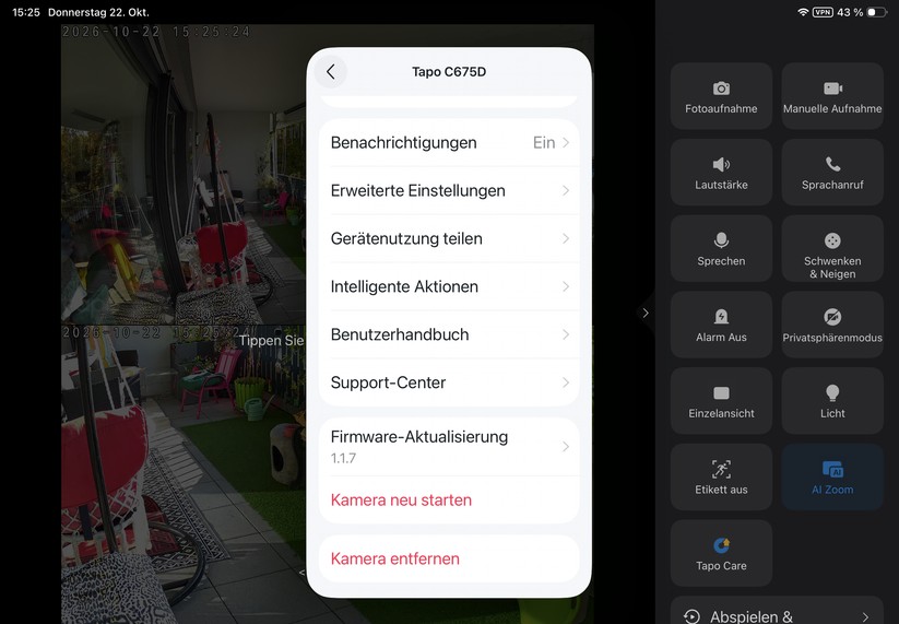 Die Tapo-App ist auch für Tablets optimiert. Sie reagiert zügig und stellt den Kamerastream nahezu verzögerungsfrei dar.