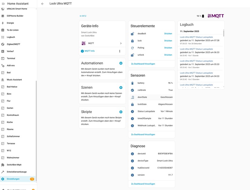 Switchbot Lock Ultra: Die Integration in Home Assistant ist über die Cloud, Bluetooth, Matter und MQTT möglich. Über MQTT wird auch das Ziehen der Falle angeboten. Allerdings funktioniert das nicht korrekt. Scheinbar wird die Kalibrierung über MQTT bei diesem Befehl nicht berücksichtigt. 