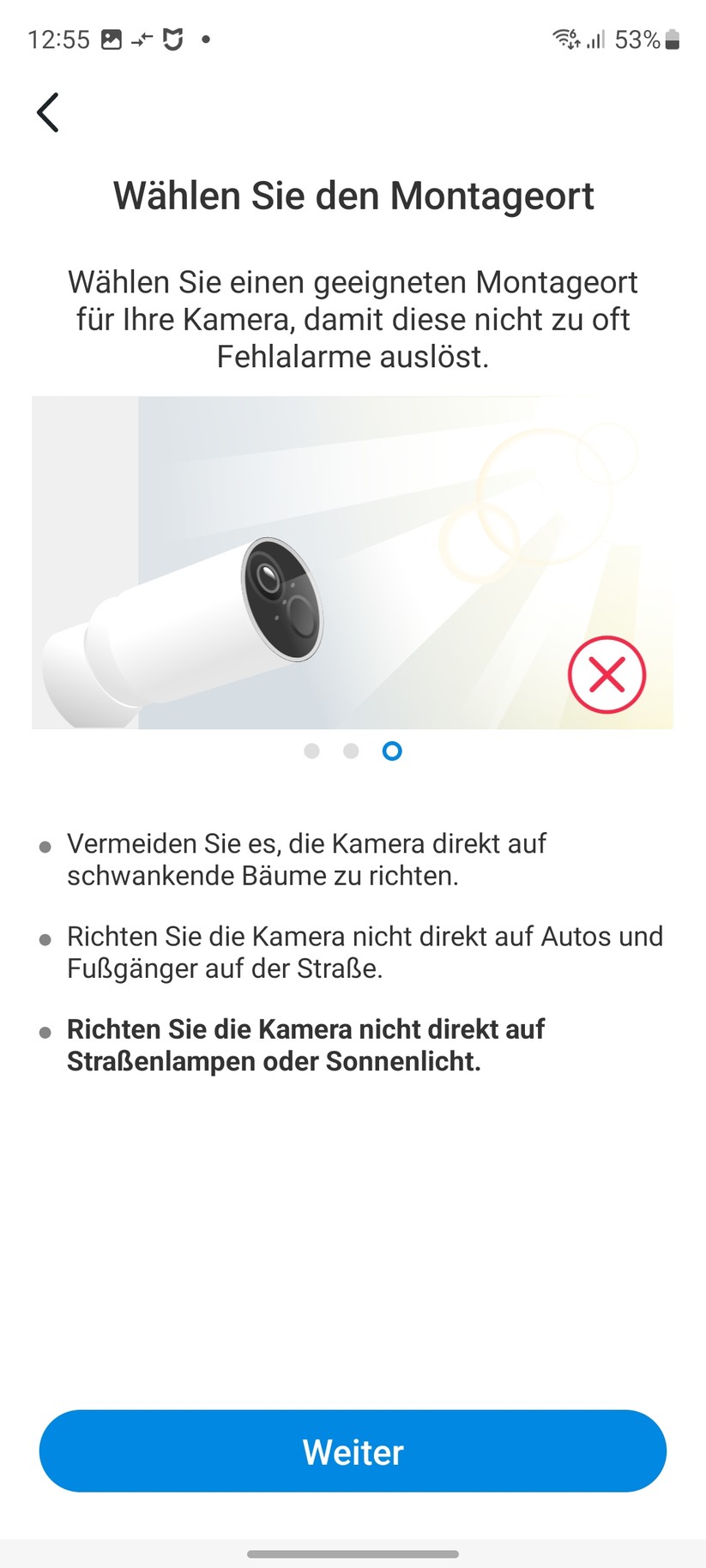 TP-Link C425: Das Set-up der Überwachungskamera erfolgt mit der Tapo-App, für die allerdings ein Konto erforderlich ist. Die App informiert dabei nicht nur die Funktionen der C425, sondern gibt auch Tipps zum Aufstellort.