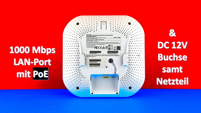 Anschlüsse hinten am Zyxel NWA110AX, von links: 1x PoE-fähiger 10/100/1000 Mbps LAN-WAN-Port namens UPLINK, 1x DC 12V Strombuchse, darüber 1x Erdungsschraube, und rechts außen 1 x Taster-Loch für den Werks-Reset (Bild: Harald Karcher).