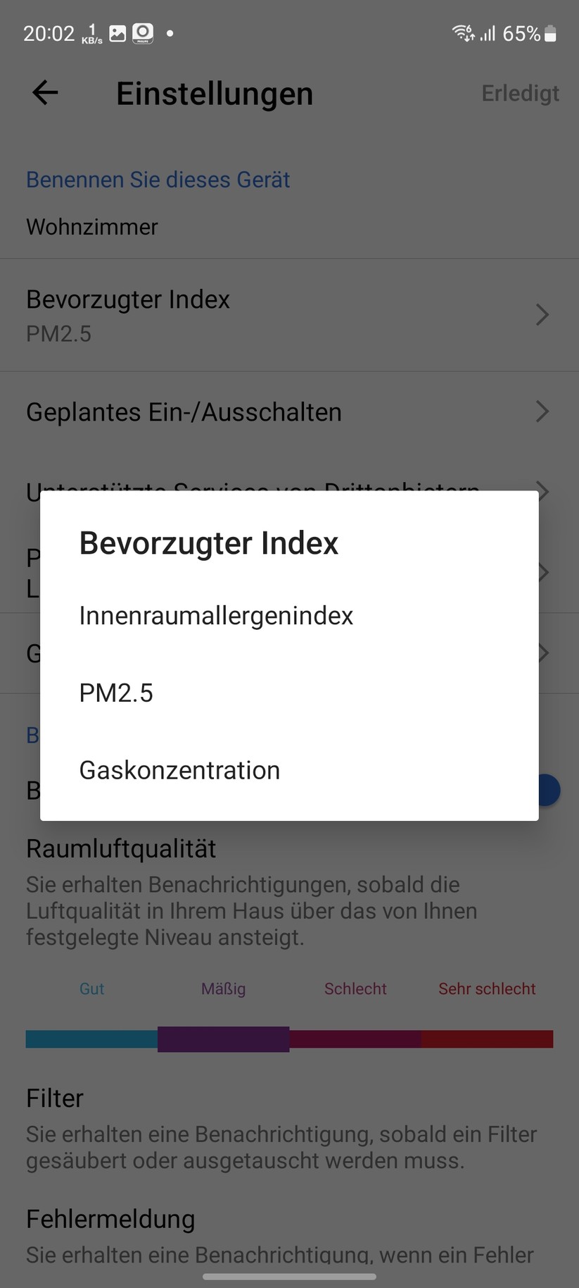 Philips AC3033/10: App, Einrichtung, Einstellungen