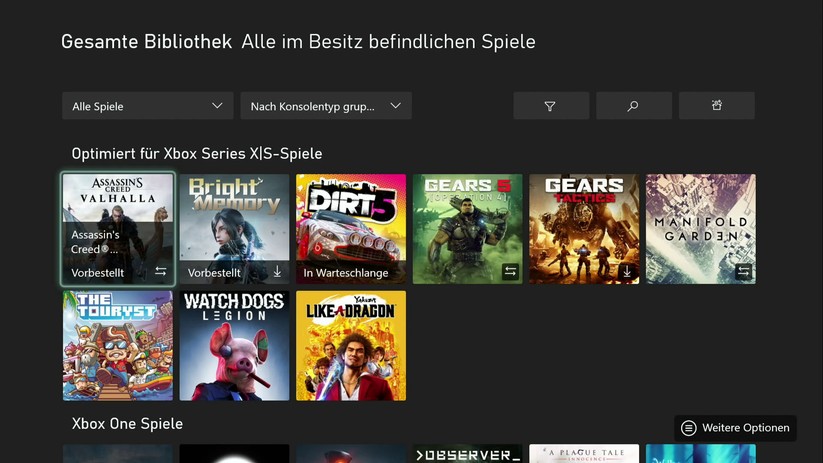 Nach dem Live-Login hat man sofort Zugriff auf die eigene Ludothek. Die Xbox Series X sortiert die Spiele nach Generation, gestartet wird jeweils die beste verfügbare Variante. 