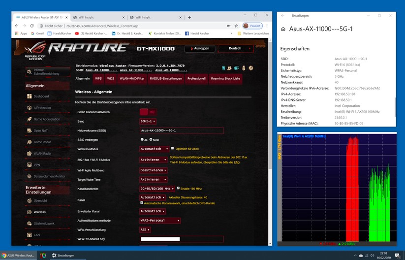 5 GHz: Speedwerte zwischen der Synology DS1618+ NAS und dem 11ax-Dell-Tower via Asus AX11000 Router im unteren 5 GHz-Band: Der rote Balken war der Download, der Grüne war der Upload (Bild: Harald Karcher).
