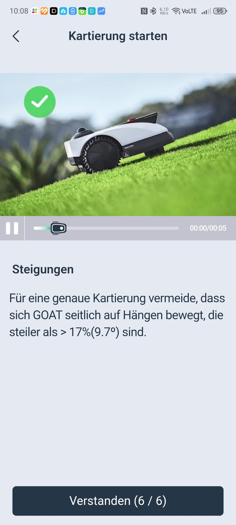 Die Ecovacs-App ist übersichtlich und einfach zu bedienen. Sie erlaubt die Einstellung wichtiger Mäh-Parameter und bietet viele Hilfestellungen, etwa für die Kartierung.