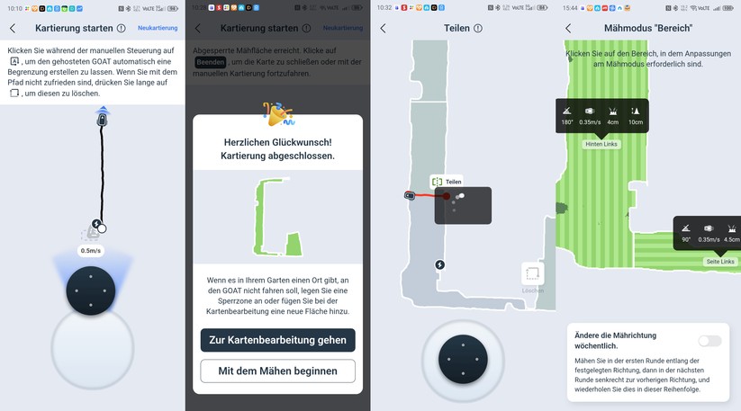 Das manuelle Kartieren ist präziser als eine automatische Kartierung. Letztere funktioniert zufriedenstellend nur bei Rasenflächen mit festen Grenzen. Eine Aufteilung in Zonen unterstützt die App nach der Kartierung. Damit kann man pro Zone nicht nur die optimale Mährichtung einstellen, sondern auch andere Mähparameter wie Schnitthöhe und Hinderniserkennung.