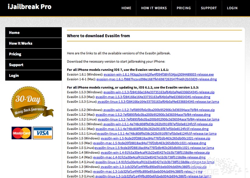 Hinter der Paywall: Download-Links auf alte evasi0n-Versionen, die es überall kostenlos gibt – und ein angebliches evasi0n 1.6.1, was nicht existiert (und hier nicht funktioniert).