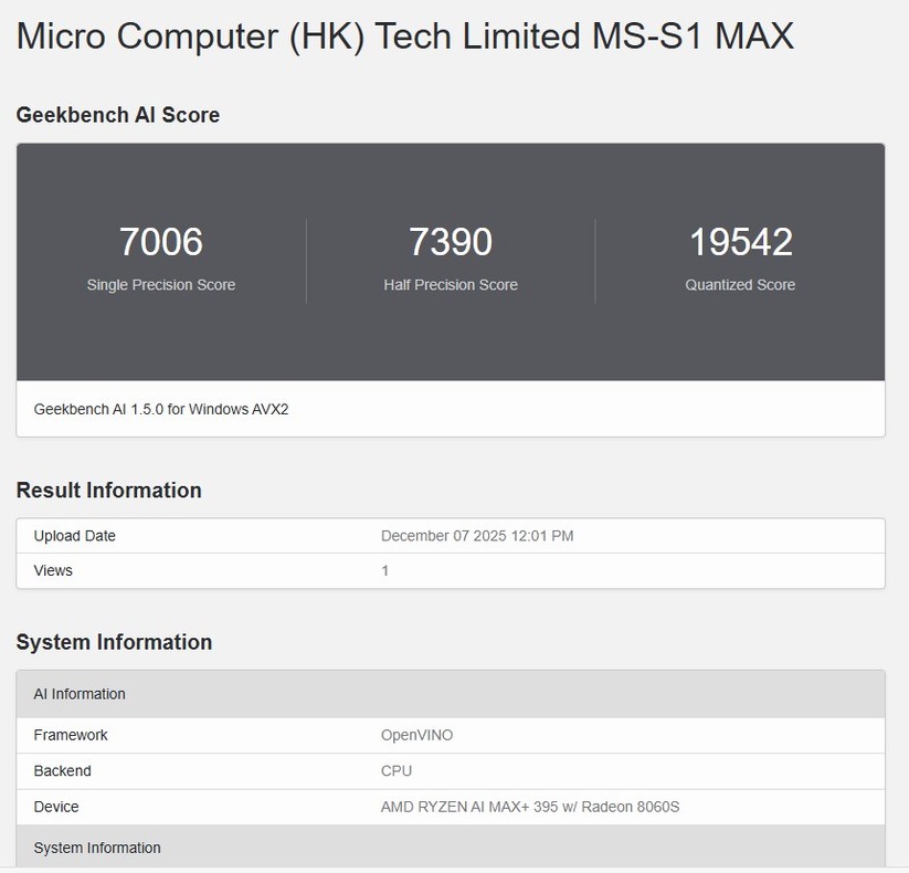 Minisforum MS-S1 Max: Geekbench AI (Open Vino)