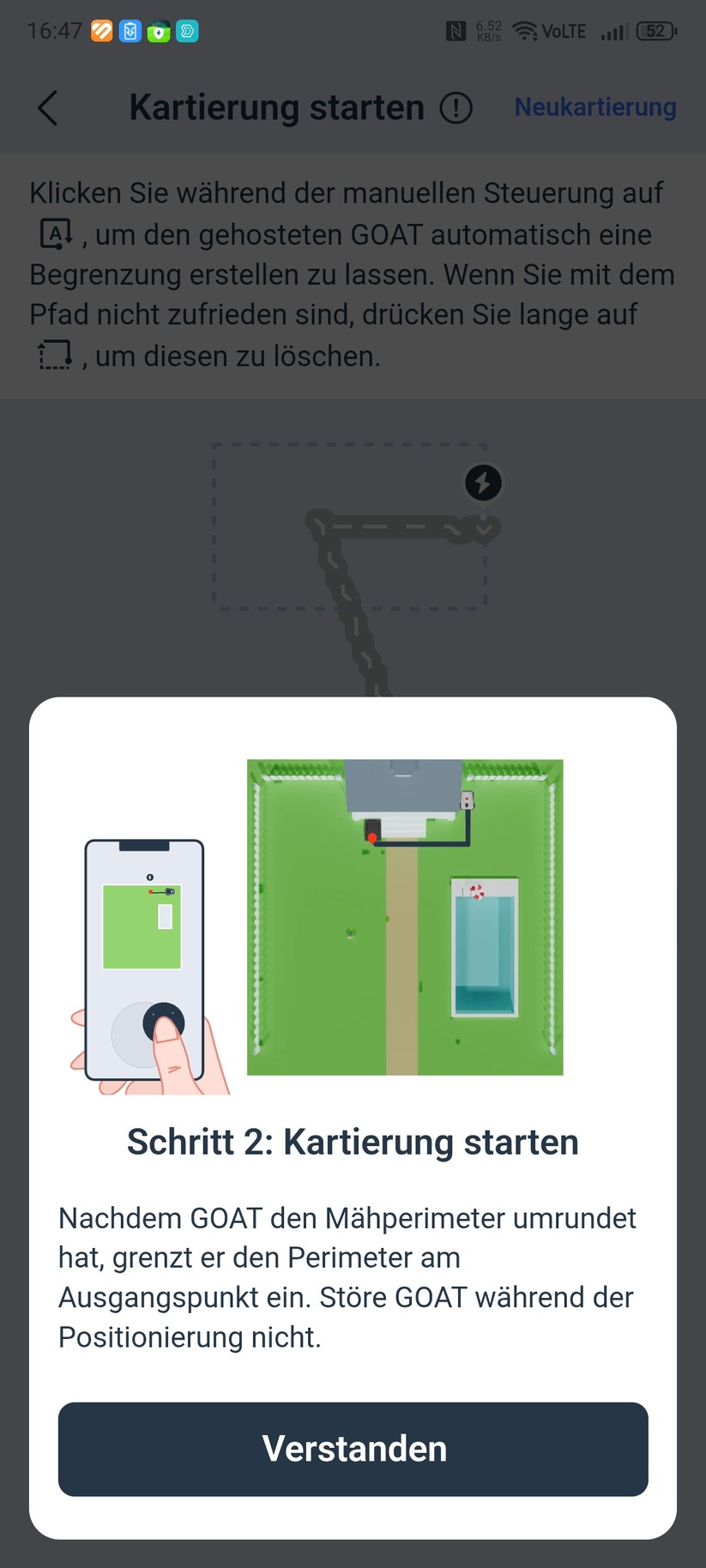 Der Ecovacs Goat A3000 LiDAR bietet eine automatische Kartierung, die allerdings nur funktioniert, wenn die Rasenfläche klar abgegrenzt ist. In unserem Test-Garten mit offenen Übergängen kartieren wir manuell. Die Methode liefert in jedem Fall die präziseren Ergebnisse.