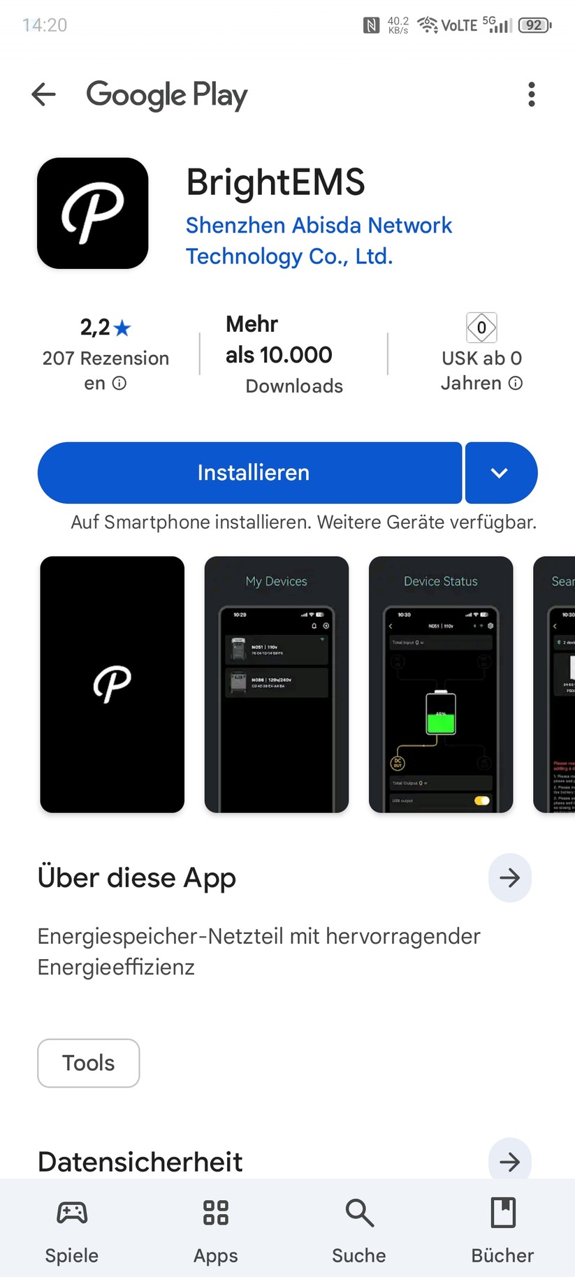 Mit der App Bright EMS lässt sich die leistungsfähige Aferiy-Powerstation P310 bedienen. Historische Daten zu Lade- und Entladevorgängen bietet sie allerdings nicht. Zudem sind einige Übersetzungen fehlerhaft.