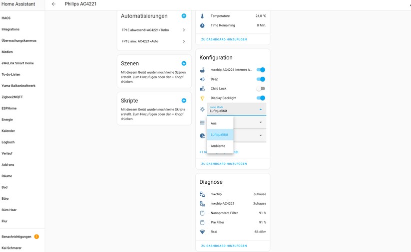 Dank einer Community-Integration lässt sich der Philips-Luftreiniger auch mit Home Assistant steuern und für Automatisierungen nutzen.