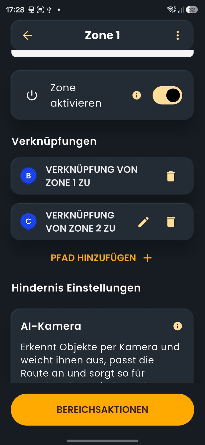 Der Funktionsumfang der App ist recht groß. Der A 6v verwaltet bis zu zehn Mähbereiche, zusätzlich sind bis zu 50 Sperrzonen vorgesehen. In der App lassen sich virtuelle Grenzen, Transferwege und Ausschlussbereiche anlegen.