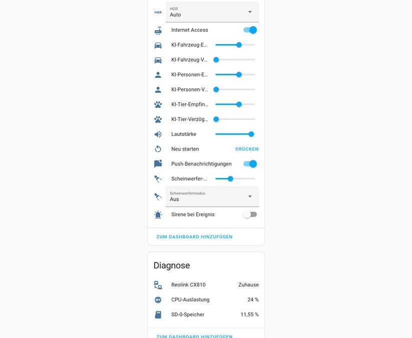 Reolink CX810: Die Integration in Home Assistant ist vorbildlich. Sämtliche Funktionen der Kamera stehen zur Verfügung.