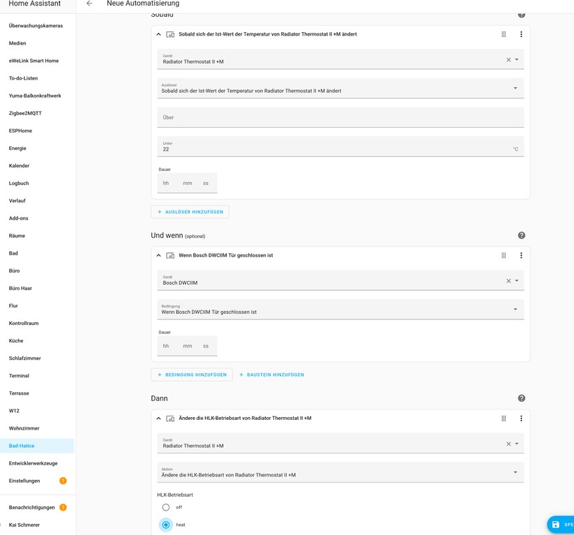 Dank Matter-Unterstützung lassen sich das Bosch-Heizkörperthermostat und der Tür-Fenster-Sensor direkt in Home Assistant einbinden. Die Heizpläne lassen sich mit Automatisierungen abbilden.