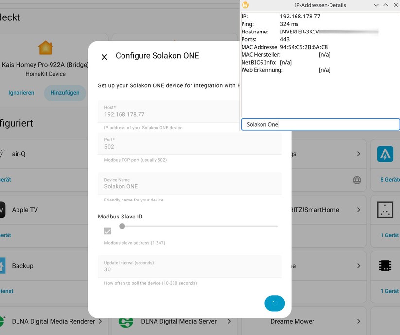 Solakon One: Integration in Home Assistant