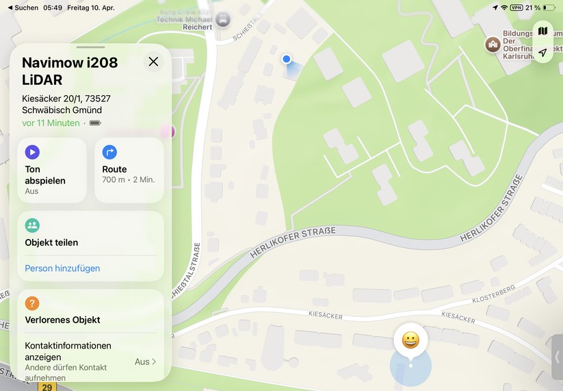 Mit einem iPhone oder iPad kann man über den Dienst „Wo ist?“ den Standort des Navimow i208 LiDAR ermitteln.