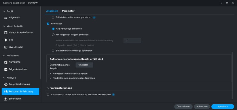Synology CC400W: Die KI-Überwachungskamera bietet zahlreiche Einstellungsmöglichkeiten. Dazu zählen neben der typischen Erkennung von Personen und Fahrzeugen auch die Möglichkeit, diese zählen zu lassen. Die Bildqualität tagsüber geht in Ordnung. Dank HDR bietet sie ein ausgewogenes Bild. Bilder bei Dunkelheit sind aber nur mittelnäßig.