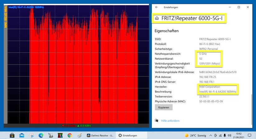 Fritz Repeater 6000 Leistungsmessung: Auf dem DELL-11ax-WS1-Rechner kamen die 50 GigaByte via 5G-I-Funk mit Peaks bis zu 932 Mbps herunter (Bild: Harald Karcher).