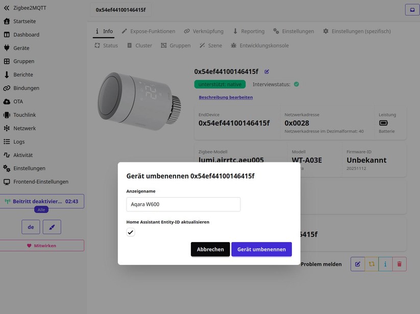 Die Integration des Aqara W600 in Home Assistant via Zigbee2MQTT bietet einen erweiterten Funktionsumfang gegenüber der Aqara-App. Ein deutlicher Mehrwert ist die Möglichkeit, die aktuelle Ventilposition abzurufen.
