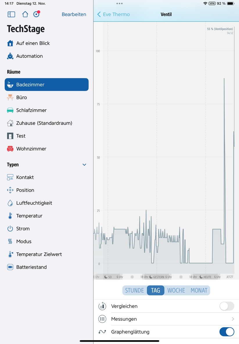 Eve Thermo: Verlaufsdaten der Ventilsteuerung mit der Eve-App