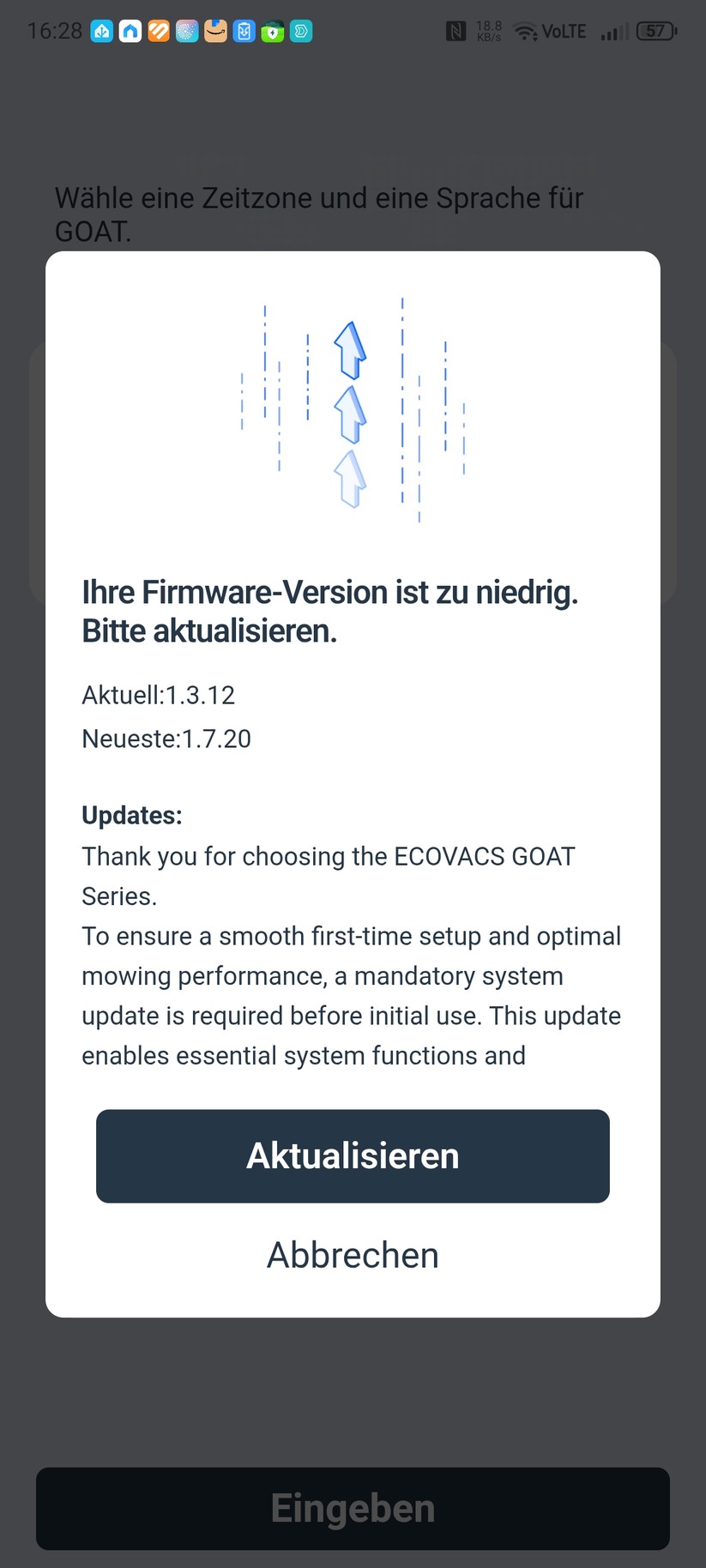 Ecovacs-App: Die Einrichtung des Goat A3000 LiDAR Pro ist schnell abgeschlossen.