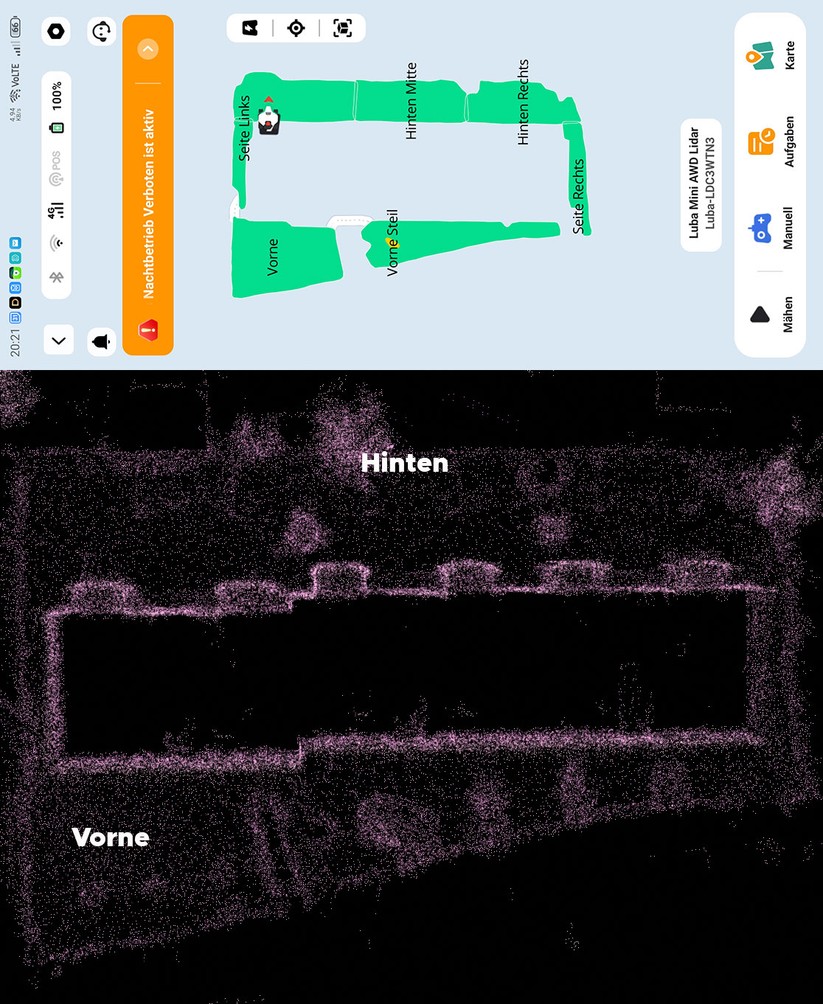 Mammotion Luba Mini AWD Lidar: Schematische Kartendarstellung nach Kartierung (oben) und 3D-Map auf Basis der Lidar-Einheit.