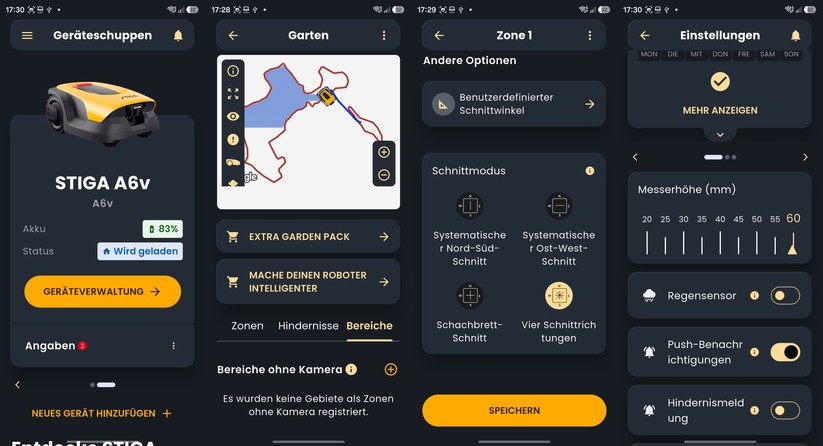 Die Stiga-App für den A 6v: bis zu zehn Mähbereiche, 50 Sperrzonen sowie virtuelle Grenzen, Transferwege und Ausschlussbereiche.