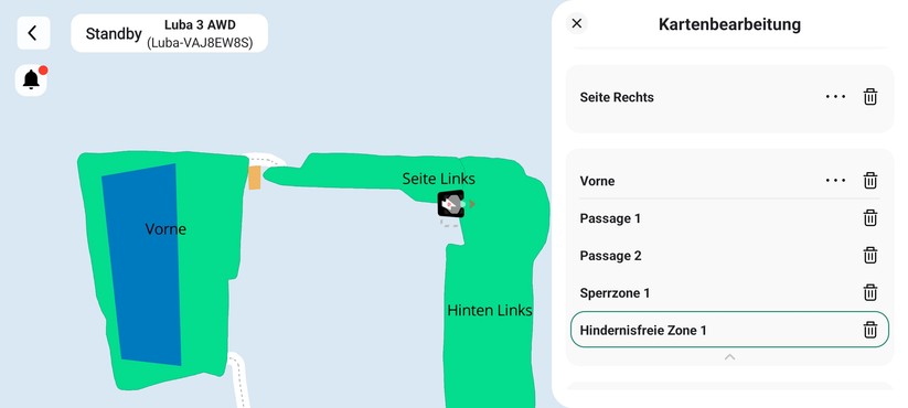 Luba 3: Die App erlaubt die Erstellung sogenannter „Hindernisfreier Zonen“, in denen die visuelle Hinderniserkennung mittels LiDAR und KI-Kameras deaktiviert ist – sinnvoll etwa für Bereiche, wo herabhängende Äste den Rasen überdecken. Ohne diese Einstellung würden die Äste als Hindernisse erkannt, und der darunterliegende Rasen bliebe ungemäht.