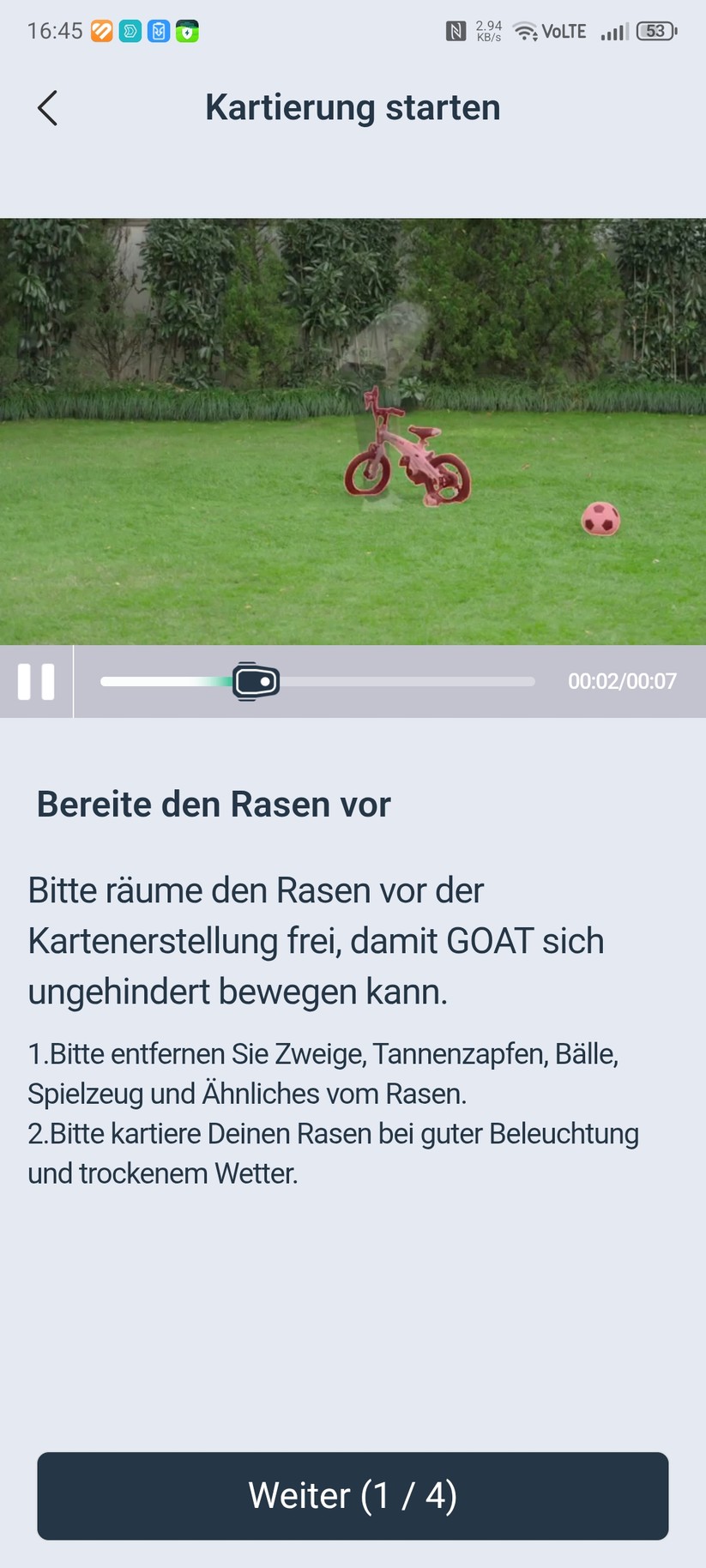 Der Ecovacs Goat A3000 LiDAR bietet eine automatische Kartierung, die allerdings nur funktioniert, wenn die Rasenfläche klar abgegrenzt ist. In unserem Test-Garten mit offenen Übergängen kartieren wir manuell. Die Methode liefert in jedem Fall die präziseren Ergebnisse.
