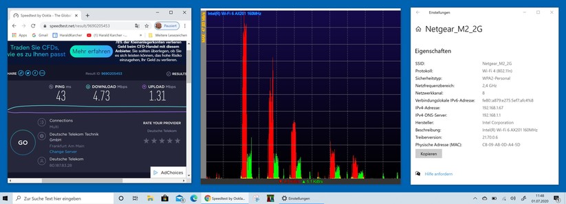 Der 2,4 GHz-Funk namens Netgear_M2_2G des M2-Routers hat das Internet aus dem LTE-Netz der Deutschen Telekom etwas schlechter in die fünf Zimmer unserer Testwohnung getragen als der 5GHz WLAN Funk (Bild: Harald Karcher).