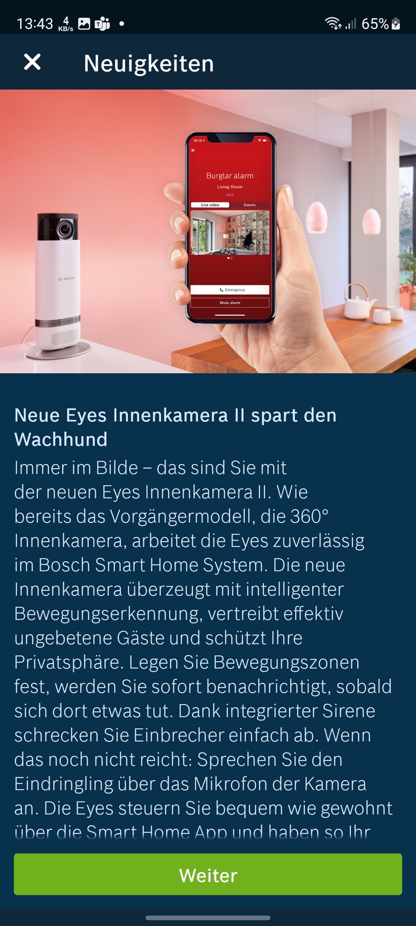 Bosch Eyes Innenkamera II: App, Einrichtung