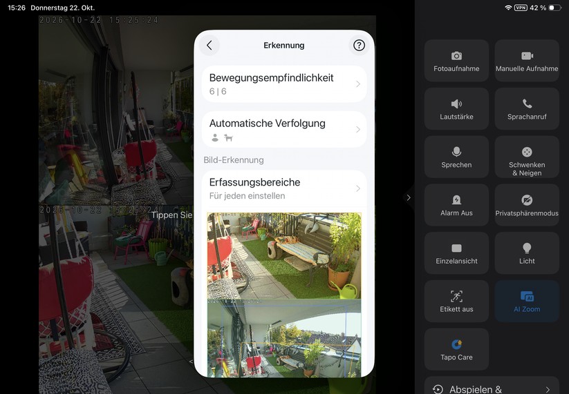 Die Tapo-App ist auch für Tablets optimiert. Sie reagiert zügig und stellt den Kamerastream nahezu verzögerungsfrei dar.