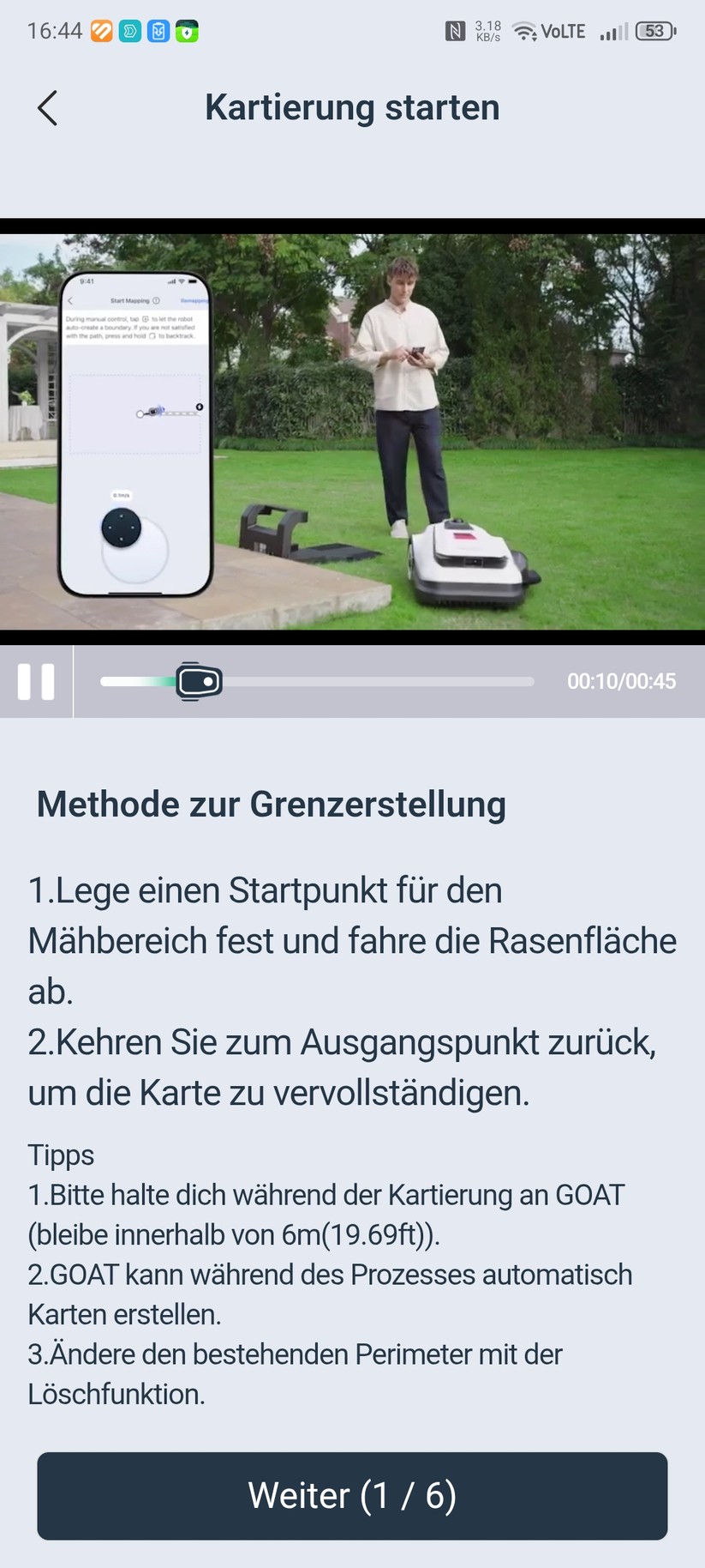 Der Ecovacs Goat A3000 LiDAR bietet eine automatische Kartierung, die allerdings nur funktioniert, wenn die Rasenfläche klar abgegrenzt ist. In unserem Test-Garten mit offenen Übergängen kartieren wir manuell. Die Methode liefert in jedem Fall die präziseren Ergebnisse.