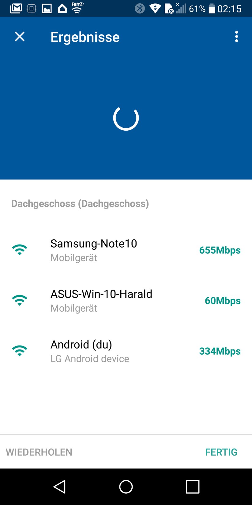 Unerklärlich: Das Google Nest Mesh System bestätigt dem schnellen Wifi-6-Asus-Laptop nur 60 Mbps Anbindungs-Geschwindigkeit, den beiden Android-Handys aber weit mehr Speed (Screenshot: Harald Karcher / mit Google Home App Software).