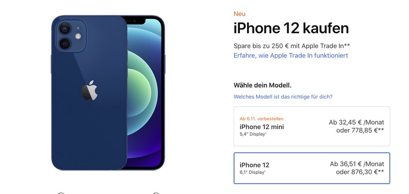 Apple verlangt monatlich ab 36,51 Euro für die Finanzierung des iPhone 12.