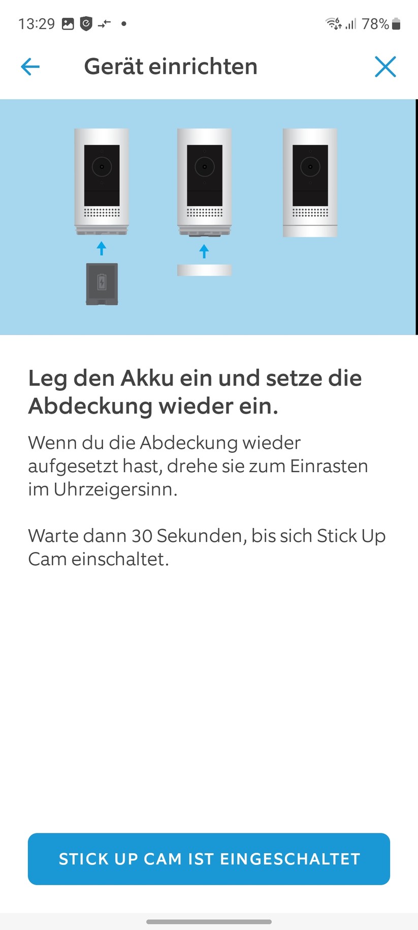Ring Stick Up Cam Pro Akku: Die Einrichtung ist einfach und bietet viele Erläuterungen zur Kamera. Vorbildlich.