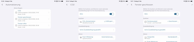 Unter Automatisierung können Anwender Regeln definieren. So wird etwa bei einem geöffneten Fenster ein anderes Heizprofil geladen, sodass wenig Energie verschwendet wird. Auch Benachrichtigungen über eine erhöhte CO₂-Konzentration kann man in diesem Abschnitt definieren.